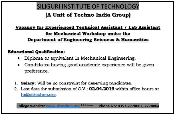 Vacancy for Experienced Technical Assistant/Lab Assistant for Civil Engineering department