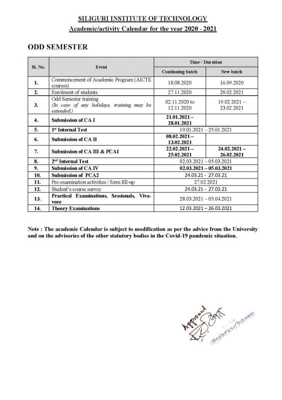 Academic Calendar 2020 21 Siliguri Institute Of Technology