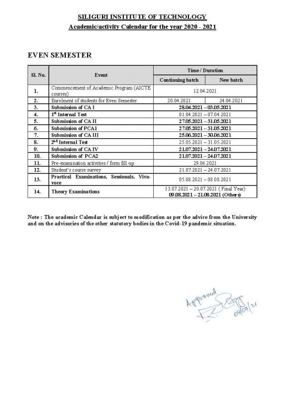 Academic Calendar 2020 21 Siliguri Institute Of Technology